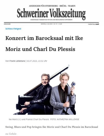 Schweriner Volkszeitung 3 Juli 2023 Ike Moriz und Charl Du Plessis im Barocksaal Schloss Vietgest